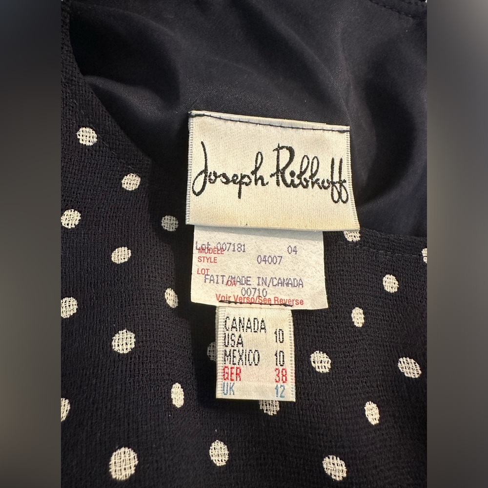 JOSEPH RIBKOFF Polka Dot Dress Navy Blue White Fit & Flare Wrap Tie Bow Waist - Picture 9 of 11